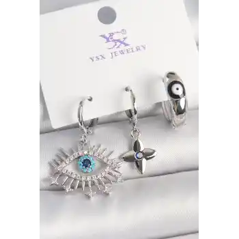 Pirinç Gümüş Renk Zirkon Taşlı Göz Model Nazar Boncuk Detay 3Lü Kadın Kombin Küpe