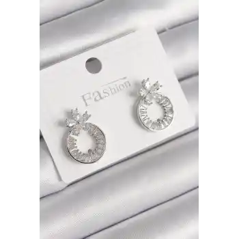Pirinç Gümüş Renk Zirkon Taşlı Halka Model Çiçek Figür Kadın Küpe