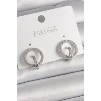 Pirinç Gümüş Renk Zirkon Taşlı Halka Model Kadın Küpe