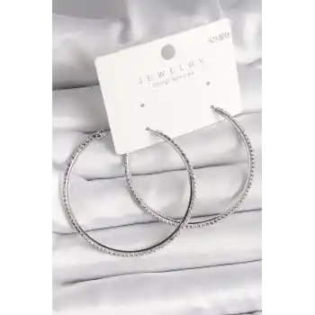 Pirinç Gümüş Renk Zirkon Taşlı Halka Model Kadın Küpe