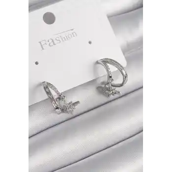 Pirinç Gümüş Renk Zirkon Taşlı Halka Model Sallantı Yıldız Detay Kadın Küpe