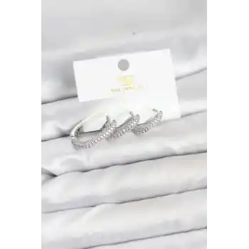 Pirinç Gümüş Renk Zirkon Taşlı Halka Model YSX Trio Küpe Seti