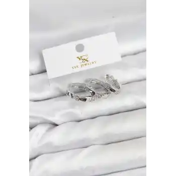 Pirinç Gümüş Renk Zirkon Taşlı Halka Yılan Model YSX Trio Küpe Seti