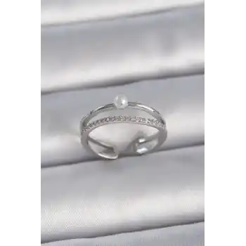 Pirinç Gümüş Renk Zirkon Taşlı İnci Detay Ayarlanabilir Model Kadın Yüzük