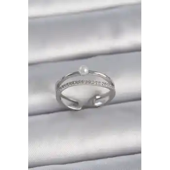 Pirinç Gümüş Renk Zirkon Taşlı İnci Detay Ayarlanabilir Model Kadın Yüzük