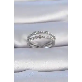 Pirinç Gümüş Renk Zirkon Taşlı İnci Detay Kadın Yüzük