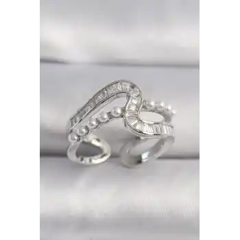 Pirinç Gümüş Renk Zirkon Taşlı İnci Detay VIP Seri Kadın Yüzük