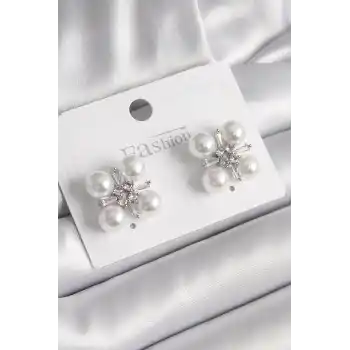 Pirinç Gümüş Renk Zirkon Taşlı İncili Kadın Küpe