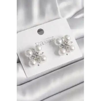 Pirinç Gümüş Renk Zirkon Taşlı İncili Kadın Küpe