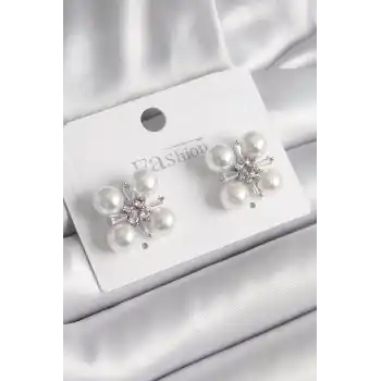 Pirinç Gümüş Renk Zirkon Taşlı İncili Kadın Küpe