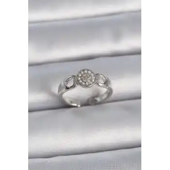 Pirinç Gümüş Renk Zirkon Taşlı İncili Kalp İşleme Detay Ayarlanabilir Model Kadın Yüzük