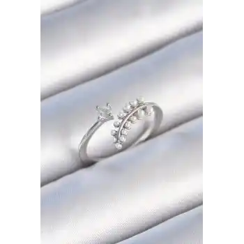 Pirinç Gümüş Renk Zirkon Taşlı İncili Yaprak Model Kadın Yüzük