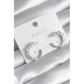 Pirinç Gümüş Renk Zirkon Taşlı Kadın Küpe