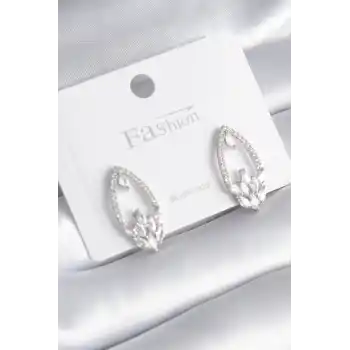 Pirinç Gümüş Renk Zirkon Taşlı Kadın Küpe