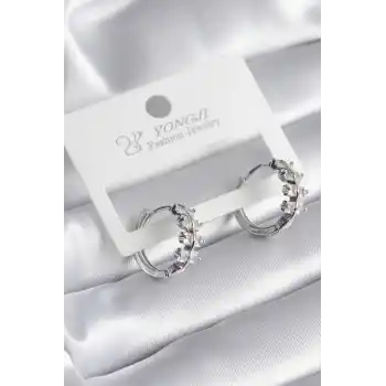 Pirinç Gümüş Renk Zirkon Taşlı Kadın Küpe