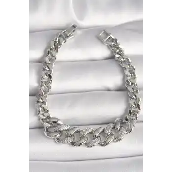 Pirinç Gümüş Renk Zirkon Taşlı Kalın Halka Model Kadın Bileklik