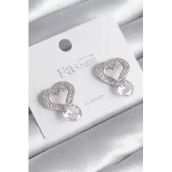 Pirinç Gümüş Renk Zirkon Taşlı Kalp Model Damla Zirkon Taş Detay Kadın Küpe