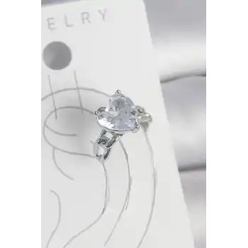Pirinç Gümüş Renk Zirkon Taşlı Kalp Model Kadın Kıkırdak Küpe