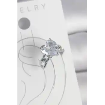 Pirinç Gümüş Renk Zirkon Taşlı Kalp Model Kadın Kıkırdak Küpe