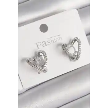 Pirinç Gümüş Renk Zirkon Taşlı Kalp Model Kadın Küpe