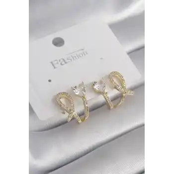 Pirinç Gümüş Renk Zirkon Taşlı Kalp Model Kadın Küpe