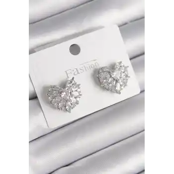 Pirinç Gümüş Renk Zirkon Taşlı Kalp Model Kadın Küpe
