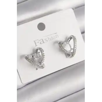 Pirinç Gümüş Renk Zirkon Taşlı Kalp Model Kadın Küpe