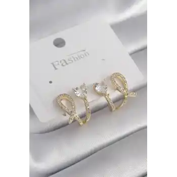 Pirinç Gümüş Renk Zirkon Taşlı Kalp Model Kadın Küpe