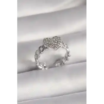 Pirinç Gümüş Renk Zirkon Taşlı Kalp Model Kadın Yüzük