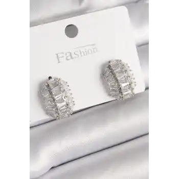 Pirinç Gümüş Renk Zirkon Taşlı Kaplumbağa Kabuğu Model Kadın Küpe