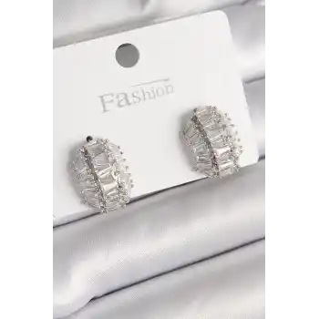 Pirinç Gümüş Renk Zirkon Taşlı Kaplumbağa Kabuğu Model Kadın Küpe