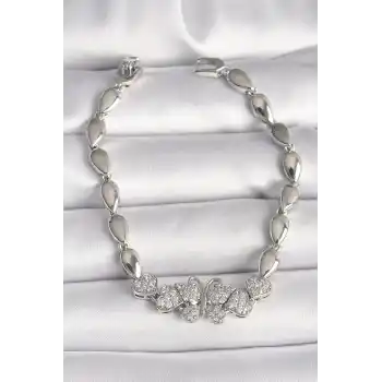 Pirinç Gümüş Renk Zirkon Taşlı Kelebek Figür Damla Zincir Model Kadın Bileklik