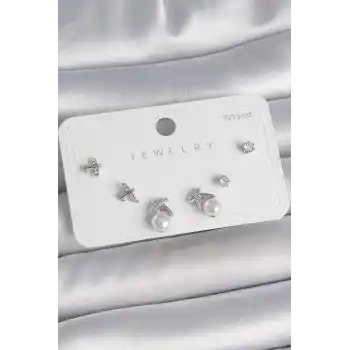 Pirinç Gümüş Renk Zirkon Taşlı Kelebek Model İnci Detay 925 Ayar Gümüş Çivi Kadın Küpe Seti