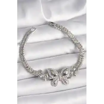 Pirinç Gümüş Renk Zirkon Taşlı Kelebek Model Kadın Bileklik