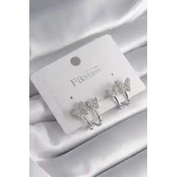 Pirinç Gümüş Renk Zirkon Taşlı Kelebek Model Kadın Küpe