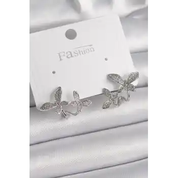 Pirinç Gümüş Renk Zirkon Taşlı Kelebek Model Kadın Küpe