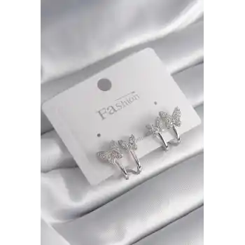Pirinç Gümüş Renk Zirkon Taşlı Kelebek Model Kadın Küpe