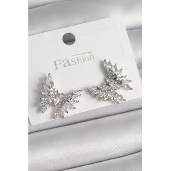 Pirinç Gümüş Renk Zirkon Taşlı Kelebek Model Kadın Küpe