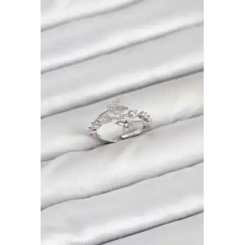 Pirinç Gümüş Renk Zirkon Taşlı Kelebek Model Kadın Yüzük