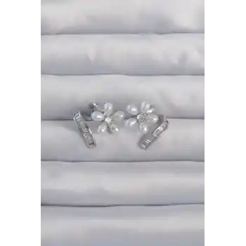 Pirinç Gümüş Renk Zirkon Taşlı Kıvrımlı İnci Çiçek Küpe