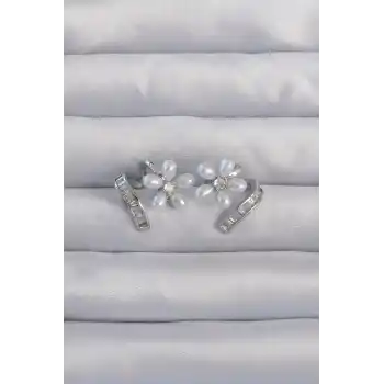 Pirinç Gümüş Renk Zirkon Taşlı Kıvrımlı İnci Çiçek Küpe