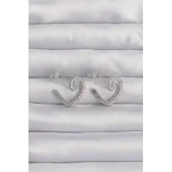 Pirinç Gümüş Renk Zirkon Taşlı Kıvrımlı Yarım Kalp Küpe