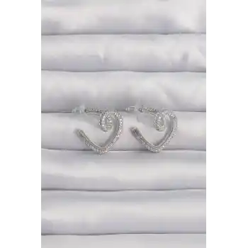 Pirinç Gümüş Renk Zirkon Taşlı Kıvrımlı Yarım Kalp Küpe
