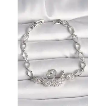 Pirinç Gümüş Renk Zirkon Taşlı Kuğu Figür Damla Zincir Model Kadın Bileklik
