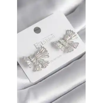 Pirinç Gümüş Renk Zirkon Taşlı Kurdele Model Kadın Küp