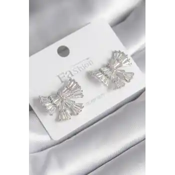 Pirinç Gümüş Renk Zirkon Taşlı Kurdele Model Kadın Küp