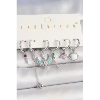 Pirinç Gümüş Renk Zirkon Taşlı Kuş Figür Çiçek Detay 6Lı Kadın Kombin Küpe