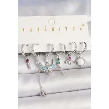 Pirinç Gümüş Renk Zirkon Taşlı Kuş Figür Çiçek Detay 6Lı Kadın Kombin Küpe