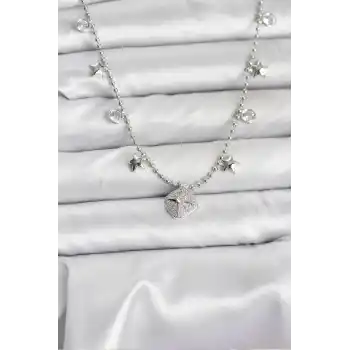 Pirinç Gümüş Renk Zirkon Taşlı Kutup Yıldızı Model Kadın Kolye