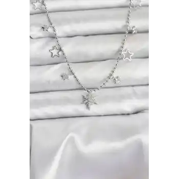Pirinç Gümüş Renk Zirkon Taşlı Kutup Yıldızı Model Kadın Kolye